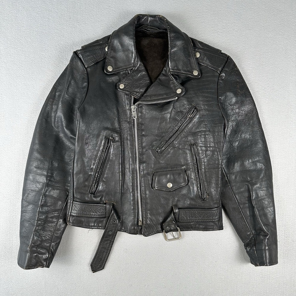 Vintage 60s 70s Leather Motorcycle Jacket Men's 40 Black‎ Unlined Belted Biker